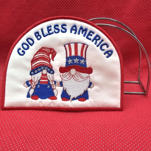 God Bless America Gnomes Napkin Holder Cover embroidery design.  5x7 in the hoop design