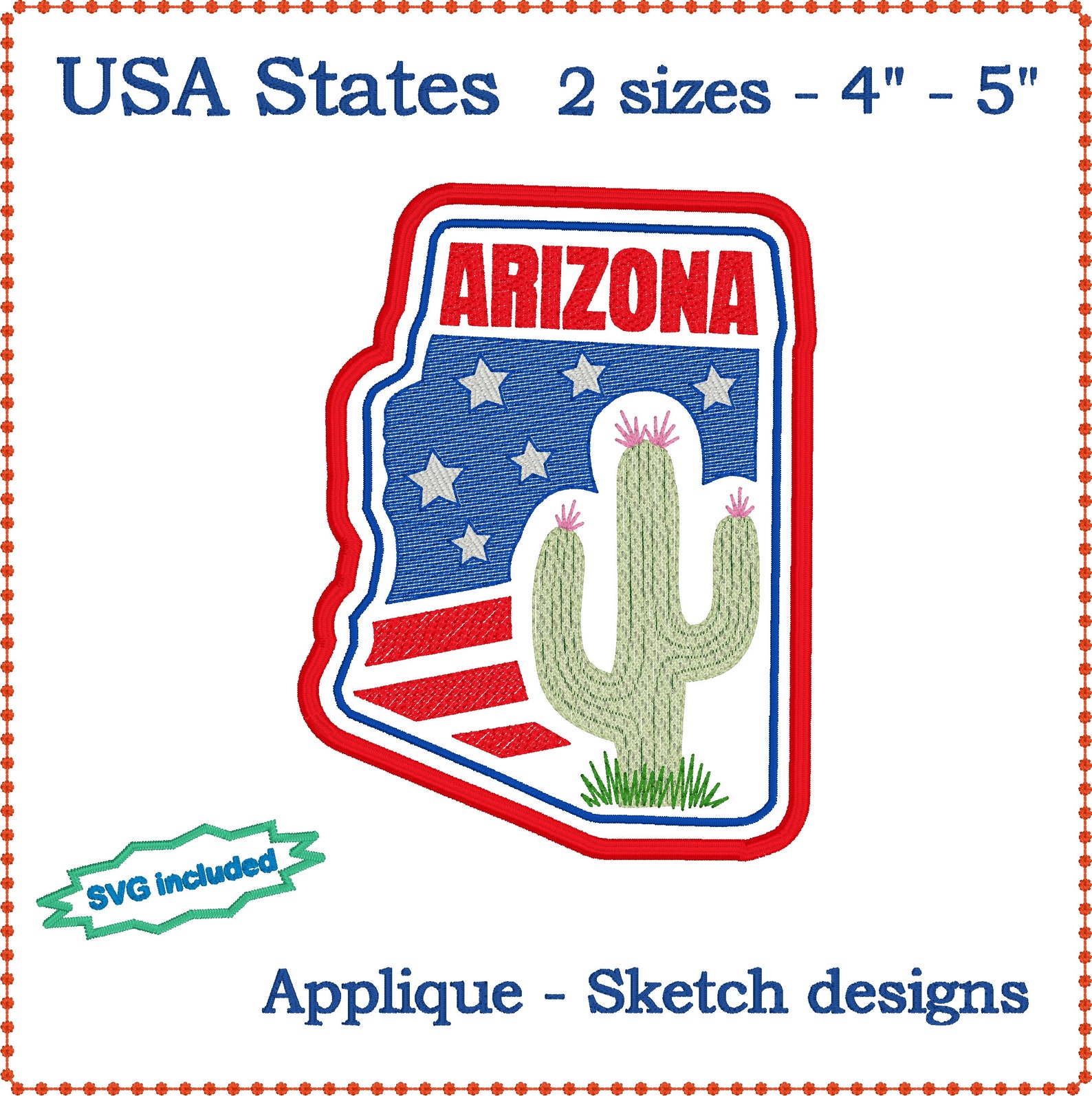USA Arizona State Applique Embroidery Design 4 and Etsy