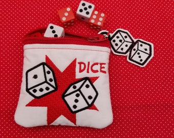 Dice zip bag with Dice charm embroidery designs.  4x4 and 5x5 and 6x6 sizes