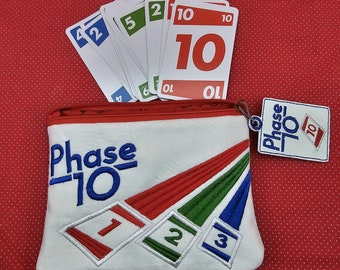 Phase 10 zip bag with charm embroidery designs.    5x6-1/2" sizes