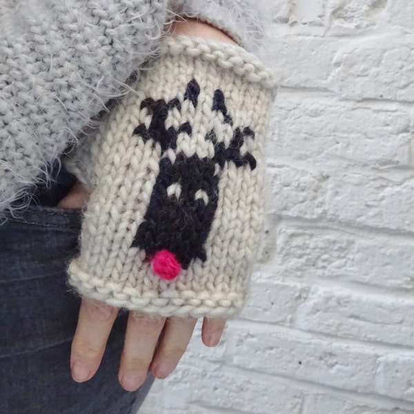 Rudolph Noël tricoté Fingerless gants mitaines, nouveauté Red Nosed Reindeer, laine d'alpaga de flocons d'avoine, UK livraison gratuite pour