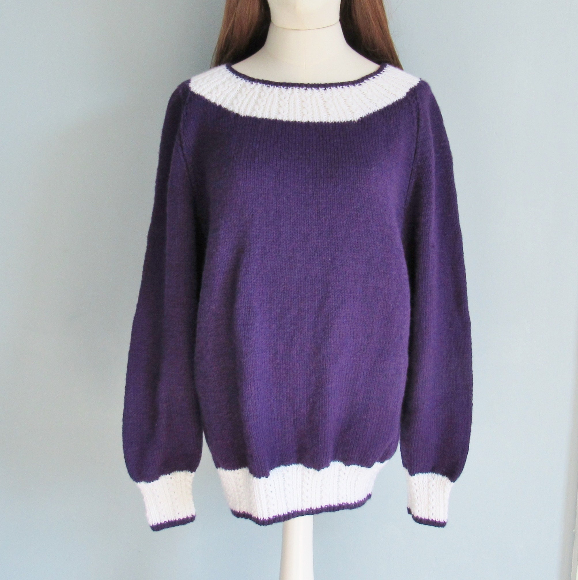 Vintage 1980s hand knitted retro baggy purple jumper medium | Etsy