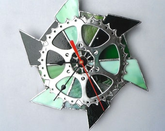 Stained glass recycled bike gear clock