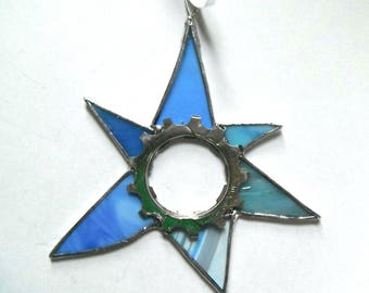 Recycled bike gear star Christmas ornament