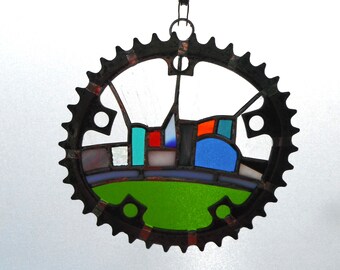 Bike commuter recycled bike gear suncatcher