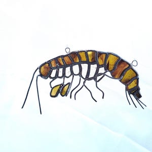 May include: A stained glass insect with a segmented body in shades of amber and brown, outlined in black. The insect has delicate wire legs and antennae, and small loops for hanging.
