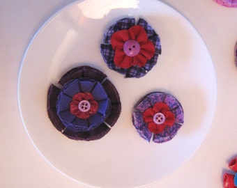 Magnetic Decorative Fabric Flowers. Set of 3 Coordinating Purple & Red Flower Magnets.