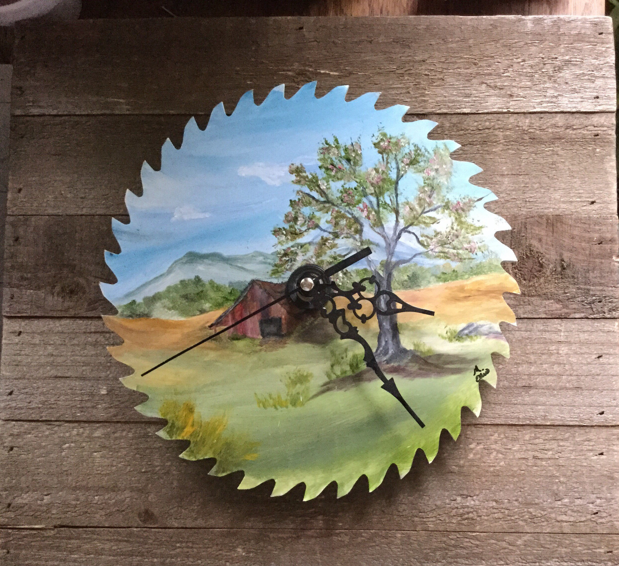 Saw Blade Painting Clock Barn Oil Painting Appalachian Etsy