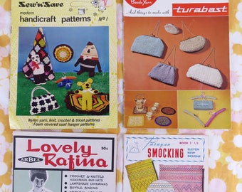 4 x vintage 1960s craft pattern books - tea cosies lamps bags coat hangers toys smocking etc