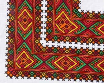 Gorgeous vintage cotton / linen folky / tribal brights large geometric rectangular tablecloth retro home decor