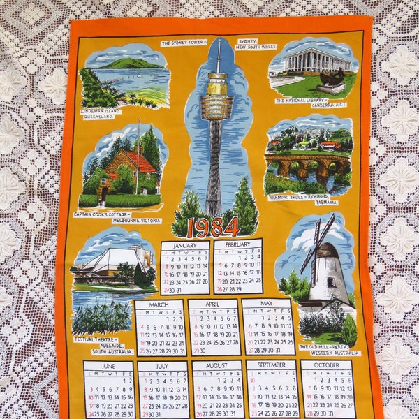 Vintage 1984 Australiana souvenir calendar tea towel Sydney Uluru Melbourne Adelaide Canberra Tasmania Perth - all cotton