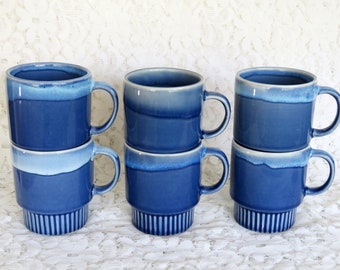 Set of 2 vintage 1970's stackable coffee mugs blue drip glaze retro home beauties brilliant condition