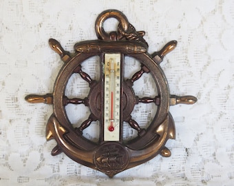 Vintage 1970s metal ships helm thermometer maritime theme manly den copper colour