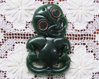 Vintage green tiki souvenir - lucky talisman - good luck retro 1970s hanging charm New Zealand