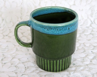 Gorgeous vintage 1970s drip glaze coffee mug retro home green and blue tea break gem