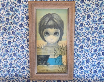 Retro big eye Keane 1960's waif art gem for the vintage home 1962 wooden frame ready to hang