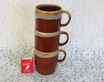 Set of 3 vintage 1970's stackable coffee mugs earthy milk chocolate brown drip glaze retro home beauties brilliant condition