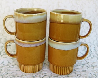 Set of 2 vintage 1970's stackable coffee mugs earthy caramel brown drip glaze retro home beauties brilliant condition