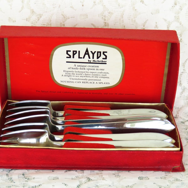 Vintage 1960s 1970s boxed set Splayds by McArthur stainless steel patterned cutlery set fine quality still in box x 6 - Australia