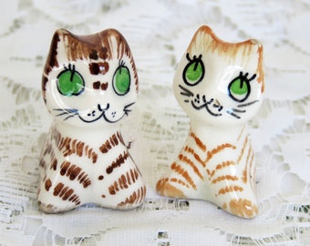 Rare find!  Vintage Philip Laureston England miniature 1980's pottery cat pair tiny ceramic tabby green eyed collectable cuties