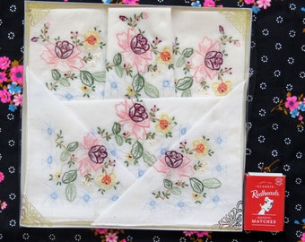 Vintage set of 6 cotton embroidered floral handkerchiefs new in pack super pretty set