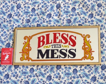 Bless This Mess retro 1970's / 1980's framed mirror made in Taiwan iconic kitsch home decor item gold and red