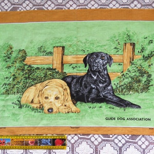 Vintage 1970's Guide Dog Association Irish linen tea towel - labrador puppy cute dogs