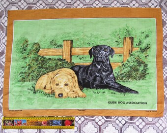 Vintage 1970's Guide Dog Association Irish linen tea towel - labrador puppy cute dogs