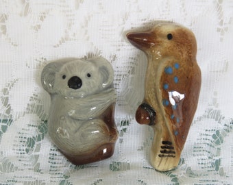 Vintage hand painted ceramic kookaburra koala magnets from Multicaps products Australia 1980s retro Australiana gem gift packaging