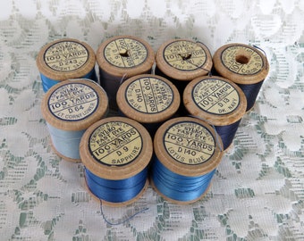 9 x vintage 1950s Sylko blue shades cotton thread  Dewhurst retro wooden cotton reel collection cornflower sapphire navy lotus saxe slate