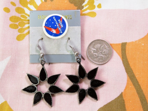 Vintage black & silver coloured earrings Australian made retro 1970s 1980s enamelled  deadstock new old stock flower