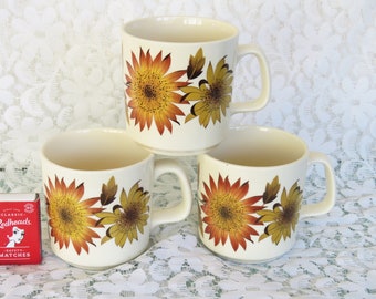 Set of 3 vintage 1970s Australian made floral coffee mug trio Made in Australia earthy home beauty flowers brown white home decor