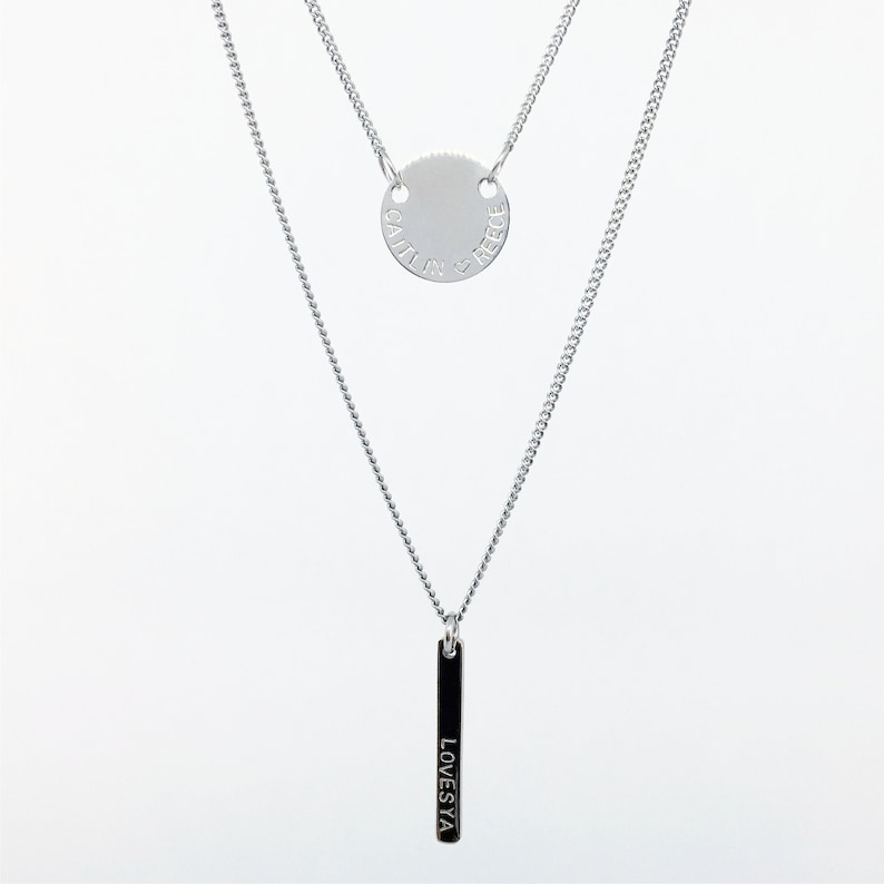 Name Necklace Handstamped Petite Disc /& Tag Necklace set Personalised Necklace Stainless Steel Necklace Layering Necklace