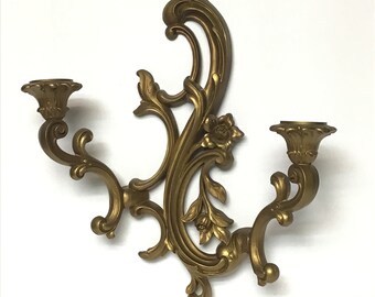 Vintage Italian Regency gold 2 arm wall candleholder, midcentury double wall candleholder sconce