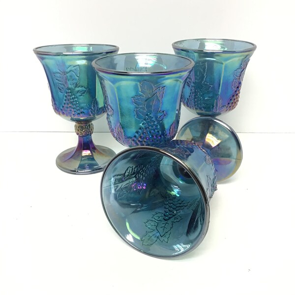 Vintage Depression peacock blue Grape Harvest stemware glasses, set 4 iridescent Carnival glasses, grapes and leaves glasses