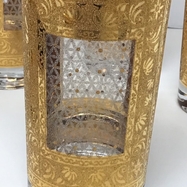 Vintage Regency 22k gold lattice panel glasses, Culver style barware