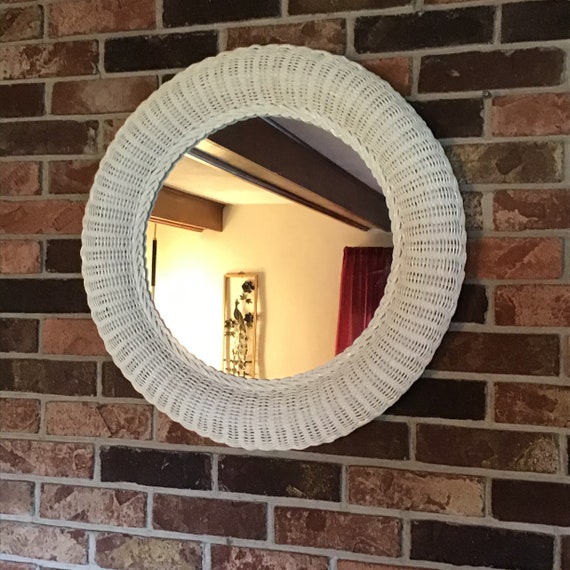 Vintage White Wicker Round Wall Mirror Etsy