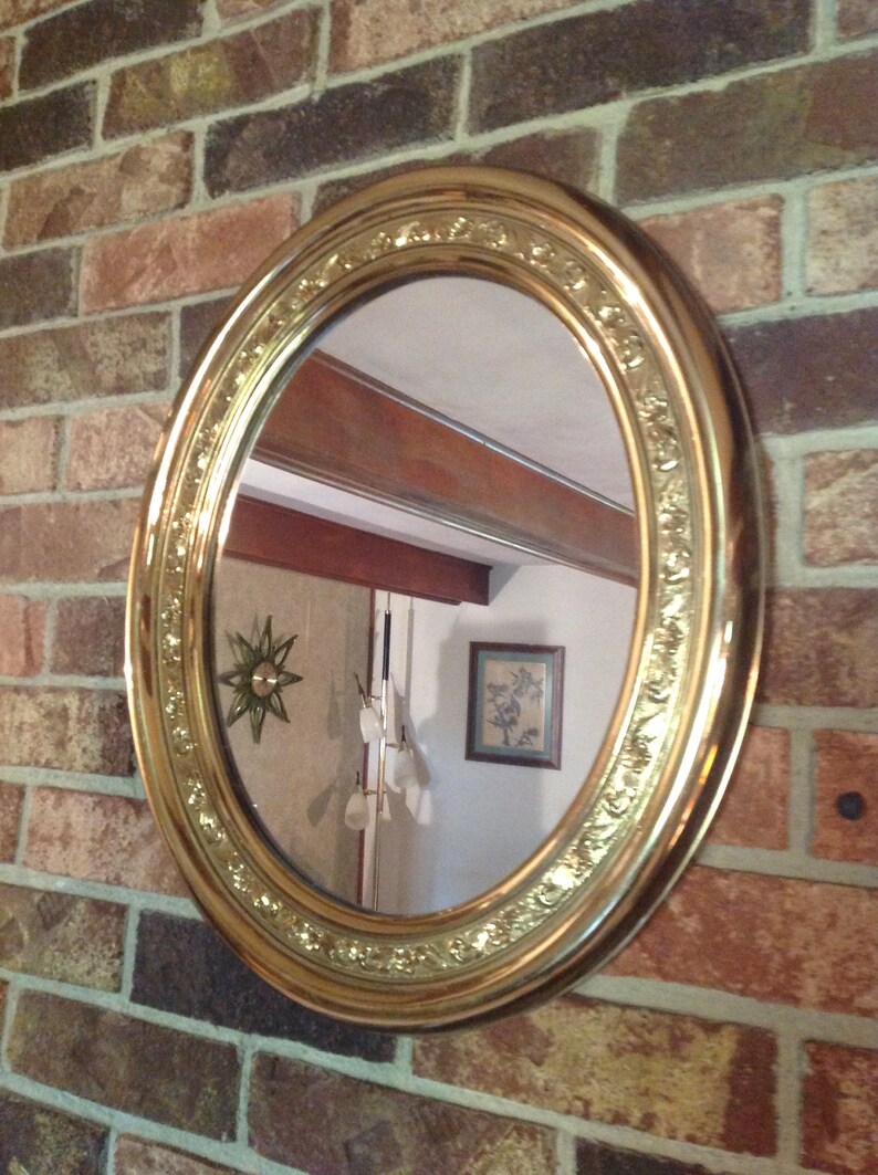 Vintage Gold Oval Wall Mirror Midcentury Long Decor Flowers