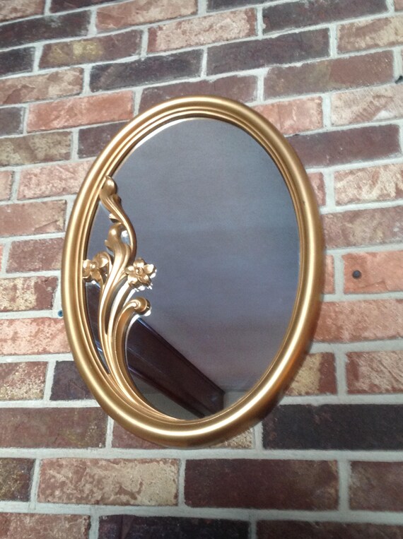 Vintage Oval Muted Gold Wall Mirror Midcentury Soft Art Nouveau Flower