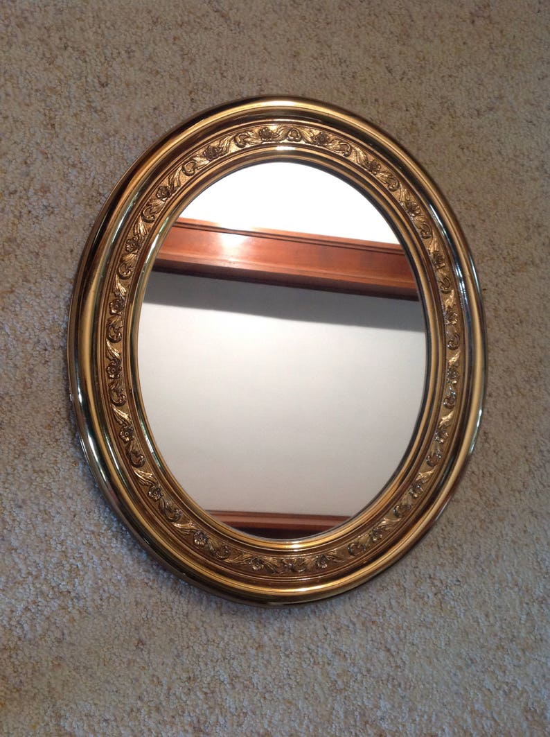 Vintage Gold Oval Wall Mirror Midcentury Wide Frame Long Decor Flowers