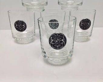 Vintage Gothic coat of arms glasses, 6 old fashioned barware