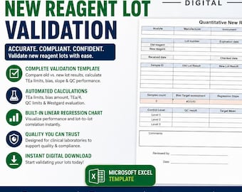 Quantitative Reagent Lot Validation Excel Template | Lot-to-Lot Comparison | TEa Bias Regression QC | Clinical Laboratory