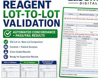 Clinical Lab Reagent Lot Validation Excel Workbook | QC Template (Digital Download)