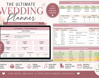 Interactive Wedding Planner Excel Template | Budget, Guest List, Vendor Comparison (Digital Download)