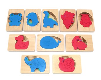 Layered Animal Wooden Puzzles Owl/Frog/Dinosaur/Snail/Elephant/Penguin/Bear/Duck/Whale/Bunny