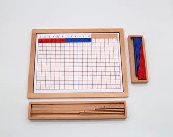 May include: Wooden frame with a grid of 12 rows and 12 columns. The grid is divided into two sections by a blue line. The top row of the grid is labeled with numbers 1 through 12. There are red and blue wooden rods in a separate wooden box.