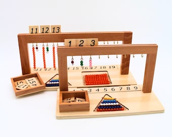 May include: Wooden counting frame with beads and number tiles. The frame has two levels, each with a set of beads and number tiles. The beads are arranged in a pyramid shape and the number tiles are arranged in a row. The frame is made of natural wood and has a light brown finish.