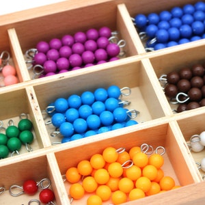 May include: A wooden box with nine compartments, each containing a set of colorful beads strung on wire. The beads are arranged in a square shape and are in the colors pink, purple, blue, green, orange, brown, and white.