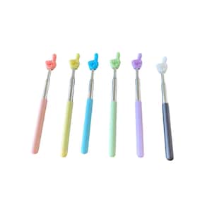 May include: A collection of six colorful, extendable pointing sticks. Each stick has a different colored handle and a hand-shaped pointer in shades of pink, yellow, blue, green, purple, and gray. The sticks are made of metal and plastic.
