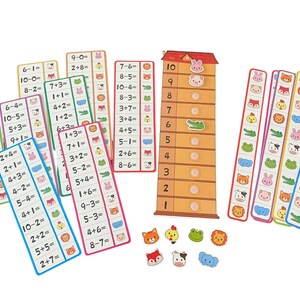 May include: A set of colorful flashcards with animal illustrations and math equations. The cards feature addition and subtraction problems with numbers 1 through 10. There are also number cards with numbers 1 through 10 and a vertical card with numbers 1 through 10 and animal illustrations.